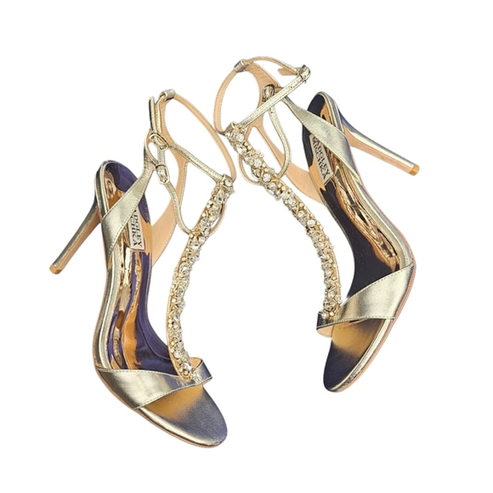 ❤️SPECIAL❤️ BADGLEY MISCHKA Crystal T-Strap Gold Ankle Strap Sandals